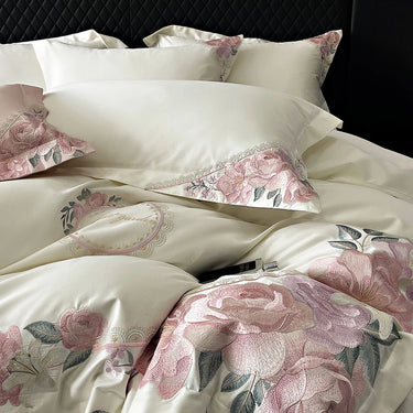 Elegant French Pink Flowers Egyptian Cotton 1000TC Embroidery Luxury Bedding Set
